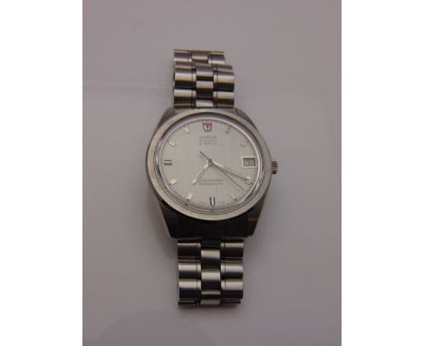 A gentleman's stainless steel wristwatch, Omega Electronic F300 Hz Seamaster Chronometer, the silvered dial with baton numera