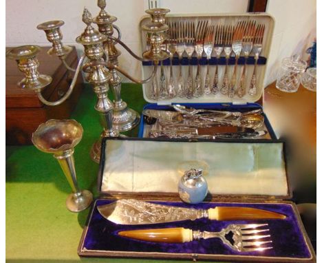 A pair of three divisional silver plated candelabra with fluted freeform branches, a good quality cased Victorian fish servin