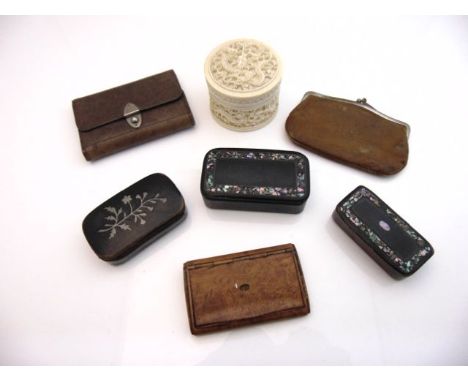 A 19th century Cantonese ivory box and cover, three paper mache snuff boxes and two sof leather purses