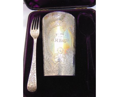 A cased Victorian silver Christening set, Walter & John Barnard, London, 1877, comprising: a cup and a fork, each flat-chased