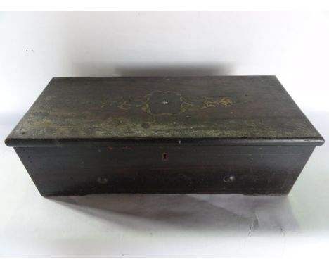 An antique cylinder musical box in the manner of Nicole Freres, the mahogany case with mother of pearl and other symmetrical 