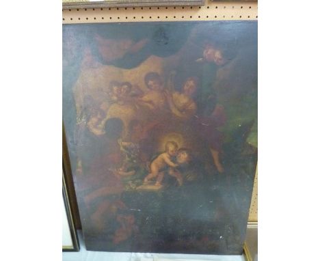 An early 19th century oil painting on  wooden panel showing a religious devotional scene with kneeling male figure adoring th
