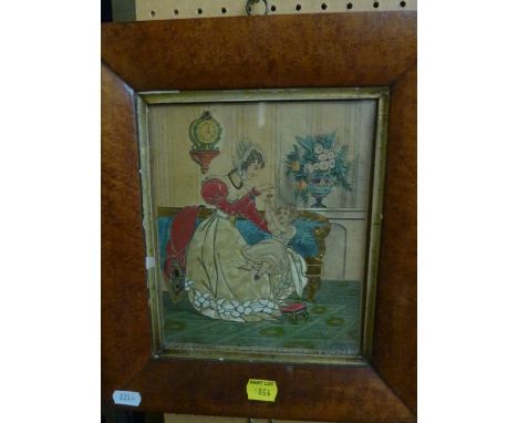 A pair of 19th century collage pictures constructed from scraps, gold coloured paper, etc, showing a mother playing with her 