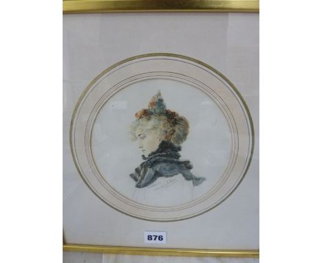 An early 20th century oval watercolour study, profile portrait of a lady, inscribed Violet Murlle (?), painted by G Green, 16