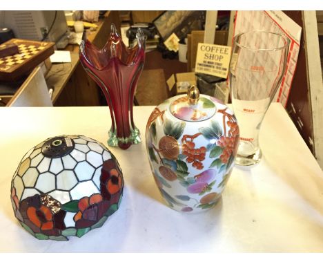 A Tiffany style lamp shade, a ginger jar and a 70's glass vase.