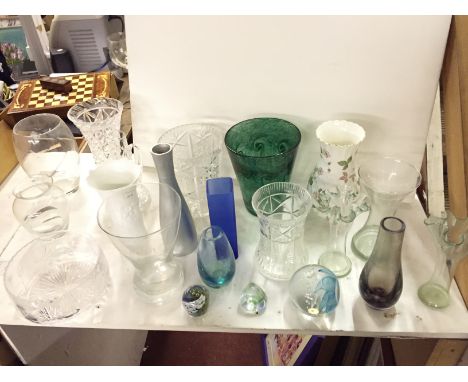 A selection of glass and crystal vases including Caithness.