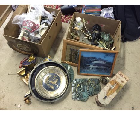 Two boxes of various ceramic items including Egyptian and Chinese.