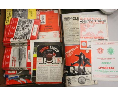 A box of Liverpool home &amp; away football programmes from the 1960s and 1970s. Includes 1966 Cup Winners Cup Final v Dortmu