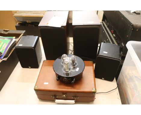 GPO Attache Case Record Player with a pair of Monitor Audio Speakers, 2 x Roth speakers and a Fatman Mi Tube 2 amp