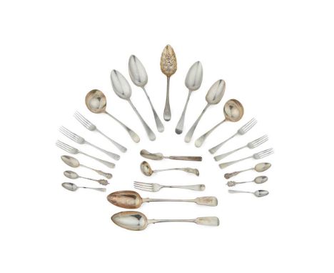 A collection of mixed flatware  various maker's marks and dates, comprising, two basting spoons, three sauce ladles, six tabl