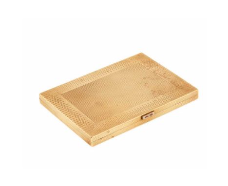 A 1950s 9ct gold cigarette case  Garrard &amp; Co Ltd, London 1956, of rectangular outline, with stylised border and ribbed c