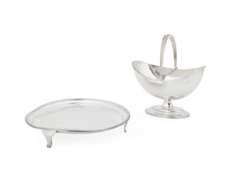 A George III swing handled sugar basin  Hester Bateman, London 1786, of oval outline with threaded border, raised on a short 