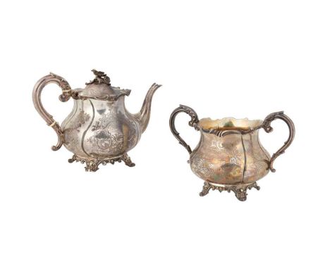 Y A Victorian teapot and sugar basin Charles Reily & George Storer, London 1844, each of panelled baluster form, engraved scr