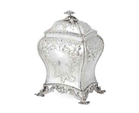 A George III tea caddy Henry Bailey, London 1768, of bombé form with rope-twist borders and floral scroll cartouche to the bo