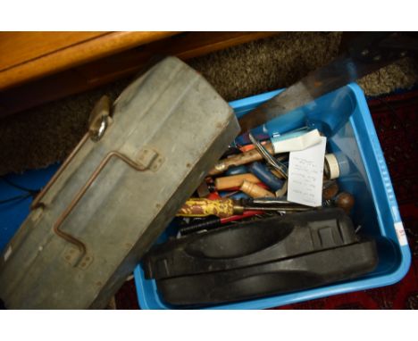 A selection of tools, including metal tool box