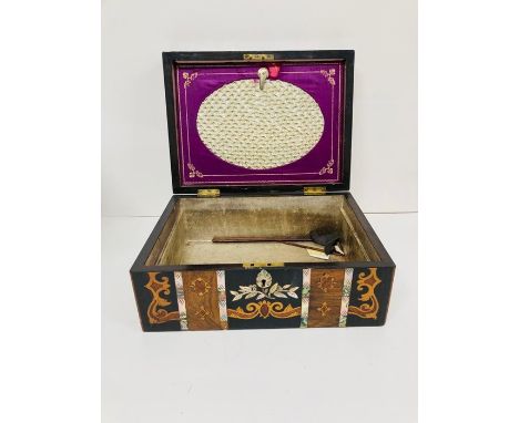 A Japanese and Mother of Pearl sewing box with inlay scrolling to top and front. a silk fall front compartment to lid AF (H14