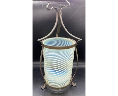 Arts &amp; Crafts Hall Lantern James Powell Straw Opal Cylinder Shade in wrought Iron Frame. Late 19th C.    