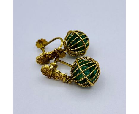 A Pair of 18ct gold and possibly jade earrings (Total weight 9.6g)