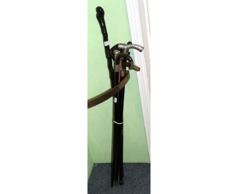 A silver mounted horn handle walking stick and six other walking sticks (7)