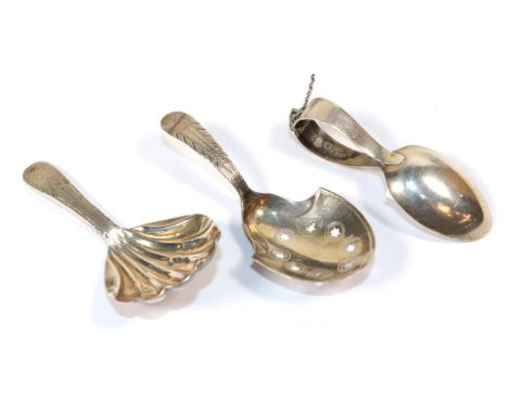 Two George III silver caddy spoons, comprising: one with pierced bowl and Old English pattern handle, by Joseph Taylor, Birmi