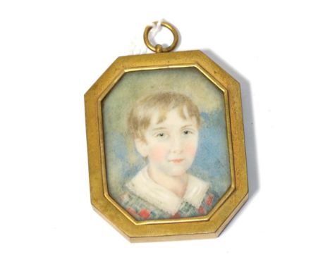 English School (mid-19th century) ,portrait of a young boy in plaid coat and white shirt, the frame with cut corners, square,