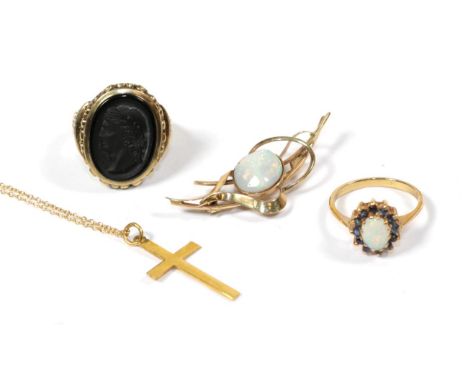 A 9 carat gold cameo signet ring, finger size S; a gemset dress ring, stamped '9CT', finger size O ; a 9 carat gold crucifix 