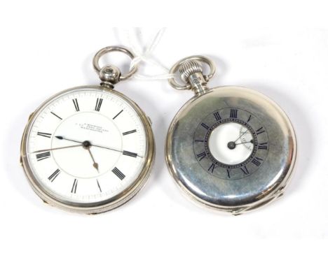 A silver open faced chronograph pocket watch, signed I Simmons Manchester, Chester hallmark 1861 and a silver half hunter poc