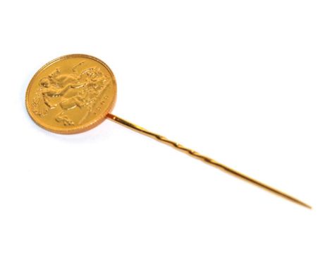 A 1909 half sovereign coin stick pin, in a Spink &amp; son Ltd box.  Gross weight 4.94 grams. Possibly later gilded