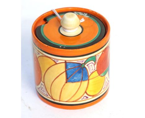 A Clarice Cliff 'Fantasque' pattern preserve jar and coverScratch marks in parts. Signs of tape residue. Lid with tape residu