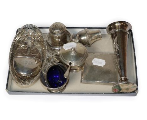 A quantity of assorted silver including embossed trumpet vase; condiments; hip flask etc 