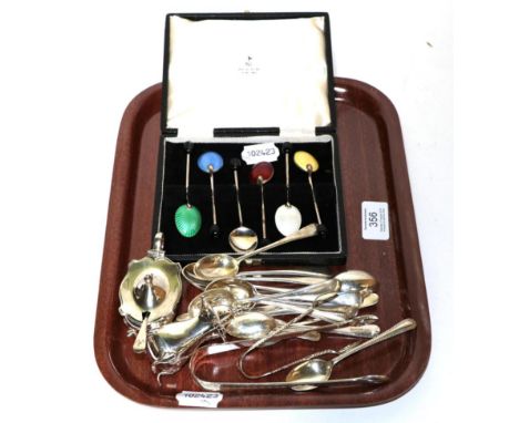 A selection of silver items to include, a set of six cased Walker &amp; Hall coffee bean silver teaspoons, silver salt with b