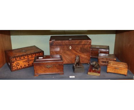 Four 19th century boxes, George III tea caddy, 20th century musical jewellery box and two resin animal figures depicting a pi