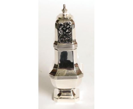 An Elizabeth II silver caster, by Henry Clifford Davis, Birmingham, 1957, of square section, the pierced pull off cover with 