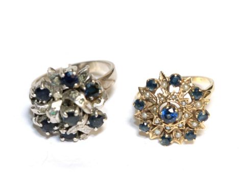 A sapphire cluster ring, stamped '18K', finger size R1/2; and a sapphire and seed pearl ring, finger size R (2) .  Ring stamp