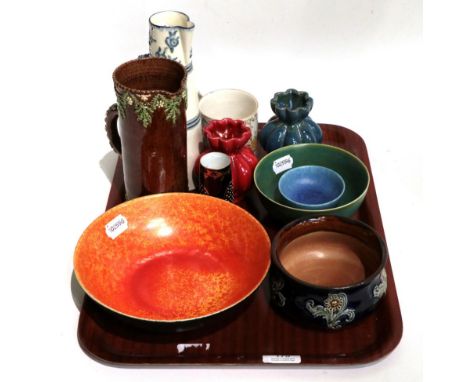 Three Lancastrian pottery bowls; two Art Pottery vases; a Royal Worcester jug; and a Royal Doulton bowl 