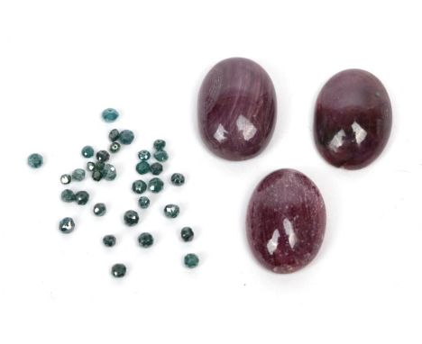 Three loose cabochon ruby type stones; and thirty two loose blue faceted diamonds