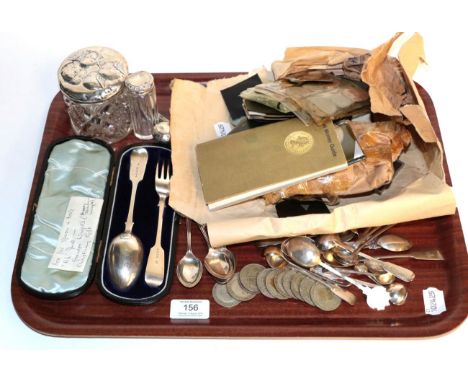 Various silver spoons, a cased silver christening fork and spoon set, together with a group of coins including several George