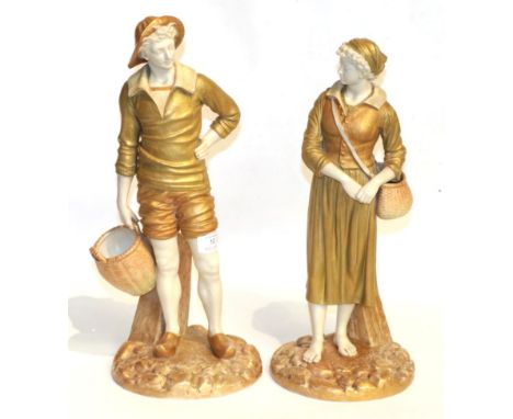 A pair of Royal Worcester figures of a boy and girl, model number 1202Boy - gilt decoration rubbed in parts, 44cm high. Girl 