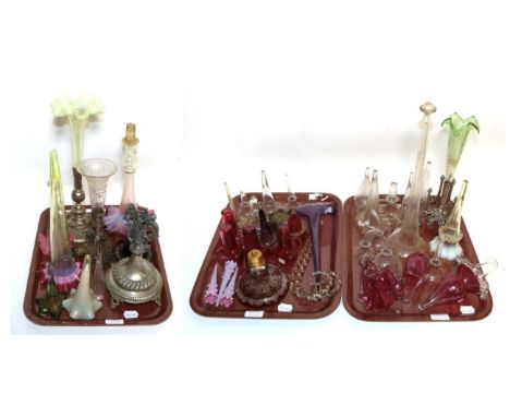 Three trays of various epergne and trumpet vase elements including silver plated bases, clear, amethyst, cranberry, green and