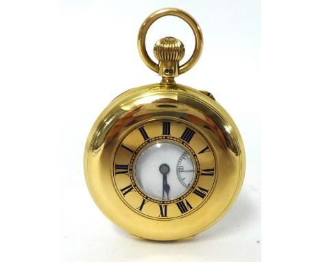 E.S. Cashmore. An 18ct gold keyless wound half hunter pocket Watch, the white enamel two part dial with black Roman numerals,