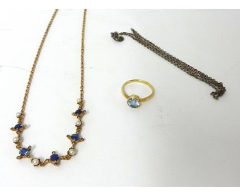A Victorian rose gold sapphire and pearl Necklace, the front set with five sapphire and half pearl clusters, pearls between a