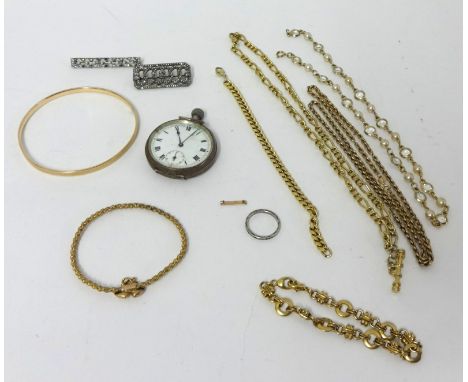 A white metal open face keyless pocket watch, costume jewellery, a 9ct gold bangle with 'solid metal core'.