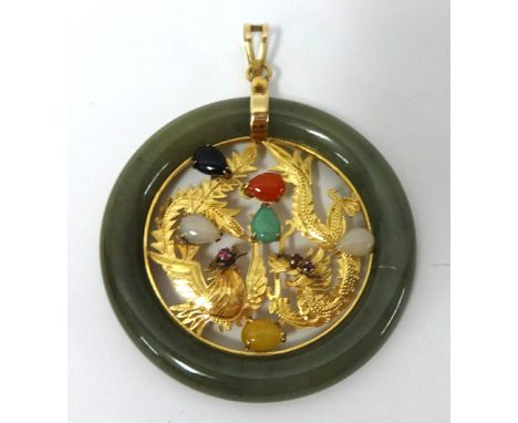 A 14kt gold and jade Pendant, the circular hoop with a gold dragon and bird centre set with vari coloured jades, jade unteste