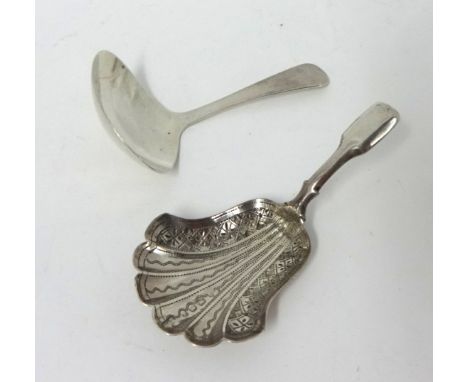 Two silver caddy spoons, one with bright cut decoration, weight 15.10g