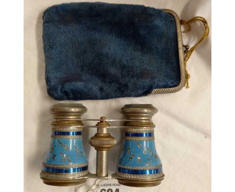 DECORATIVE BLUE ENAMEL OPERA GLASSES IN ORIGINAL CARRY BAG