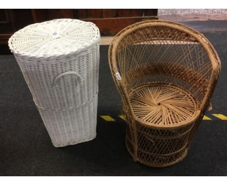 LOOM STYLE LAUNDRY BASKET, WICKER CHILDS CHAIR, CARPET BEATER ETC