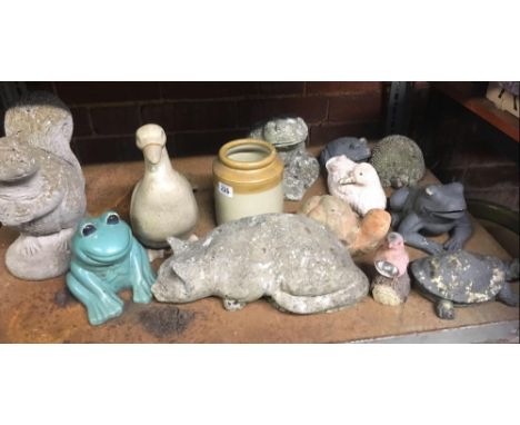 SHELF WITH STONE &amp; FIBRE GLASS GARDEN ORNAMENTS &amp; A STONEWARE JAR