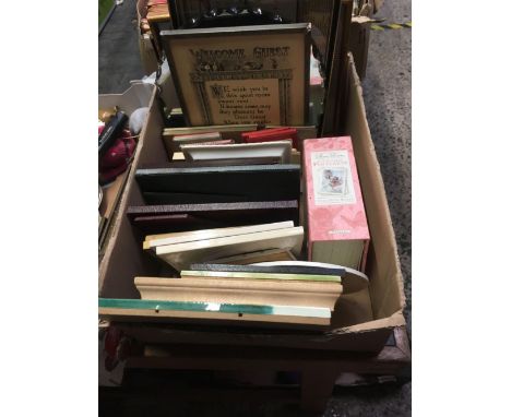 CARTON WITH CERAMIC TILES, EMPTY F/G LEATHER PICTURE FRAMES, MIRROR,  BOOKLETS OF SOUVENIR POSTCARDS &amp; BOX OF FLOWER FAIR