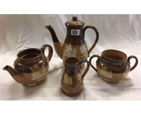 SHELF OF 4 PIECES OF ROYAL DOULTON 2 TONE BROWN POTTERY, TEA POT MISSING LID