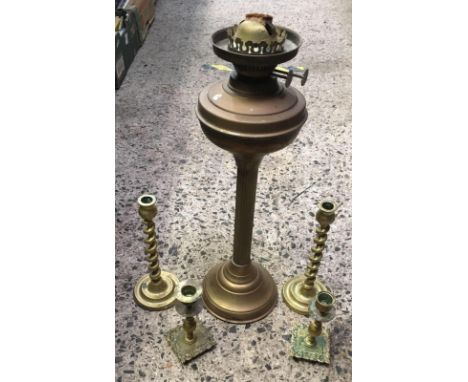 2 PAIRS OF CANDLESTICKS &amp; A BRASS 2 BURNER OIL LAMP, NO SHADES OR CHIMNEY'S